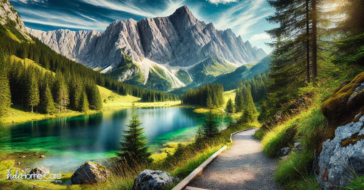 A serene lake nestled at the base of a towering mountain, with a path winding along its shore and stretching into the distance. The tranquil waters reflect the clear blue sky and the lush greenery of the surrounding landscape. This peaceful setting evokes a sense of freedom and empowerment, illustrating the theme of independence in a natural environment.