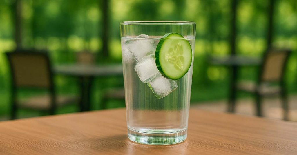Glass of ice water with cucumber slice on a wooden table outdoors, illustrating hydration for seniors.