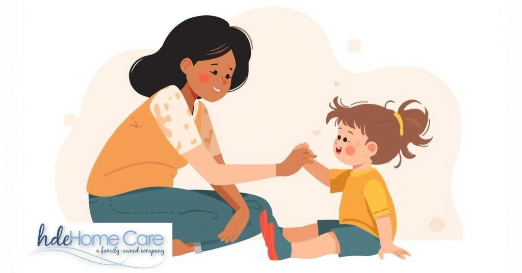An illustration of a woman and a young child sitting on the floor, smiling and holding hands. The woman has dark hair and is wearing an orange and white patterned top with blue pants. The child has brown hair in a ponytail and is wearing a yellow t-shirt and blue shorts. In the bottom left corner is the "hde Home Care" logo.