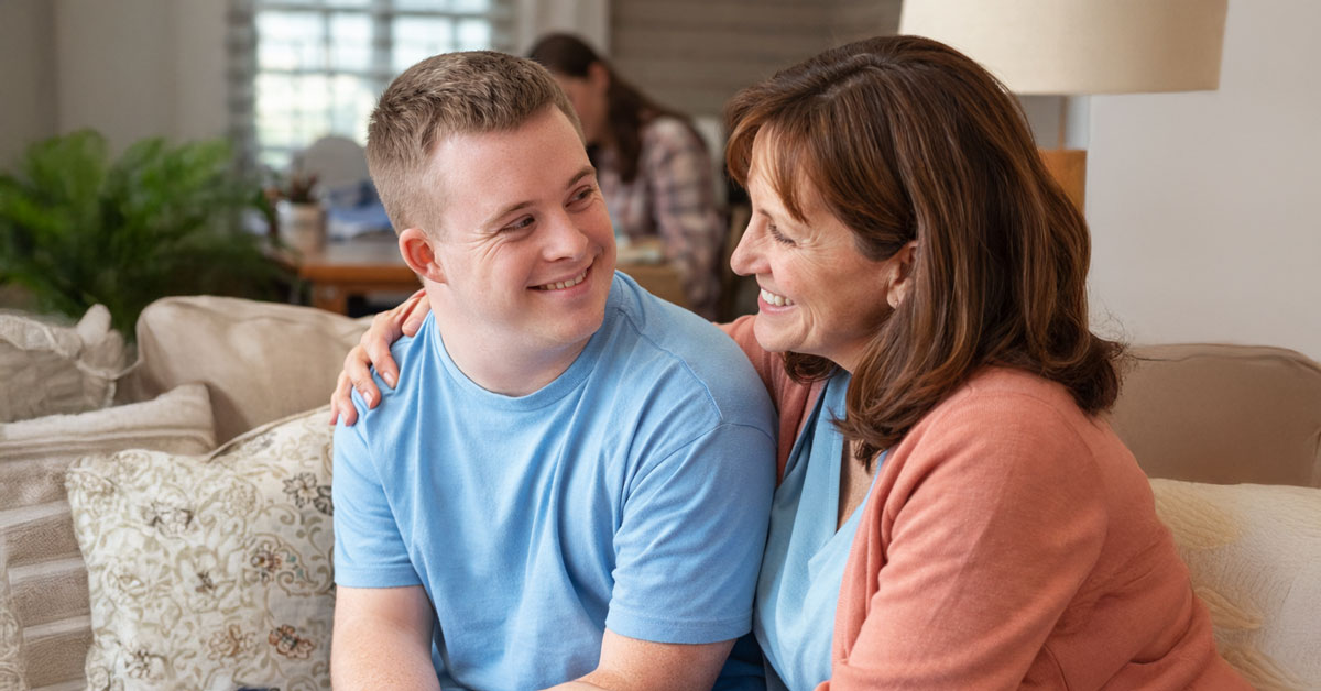 An older woman with shoulder-length brown hair and a young man with short blond hair and Down syndrome sit together on a neutral-toned sofa, sharing a warm, smiling glance. The woman, wearing an orange cardigan over a blue top, has her arm around the man's shoulder. The man, in a light blue T-shirt, looks back at her with a happy expression. The indoor setting is brightly lit and features soft home decor, including patterned pillows and a glimpse of a wooden table in the background.