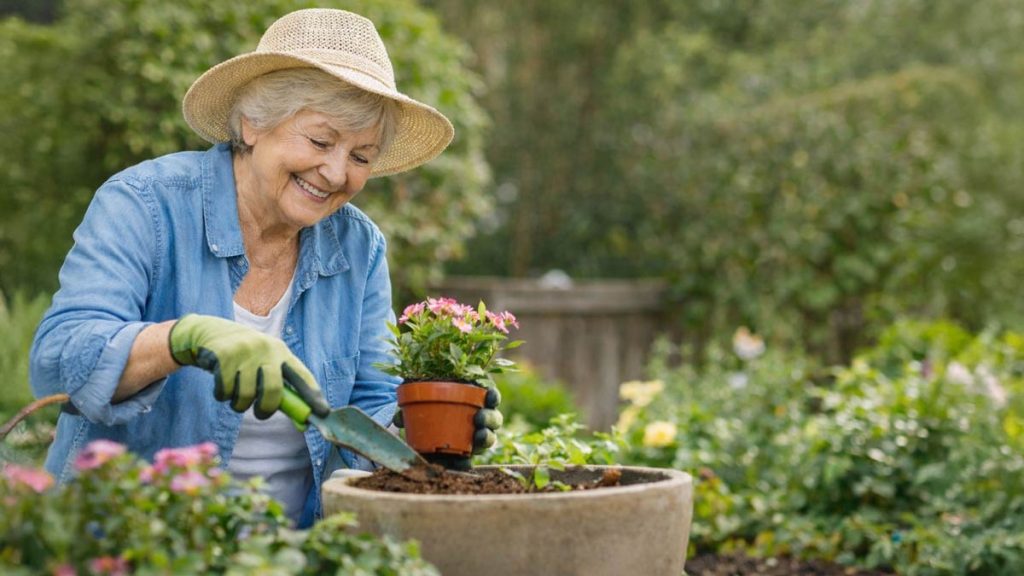 A senior woman smiling while tending to colorful flowers in her home garden, holding a small trowel.