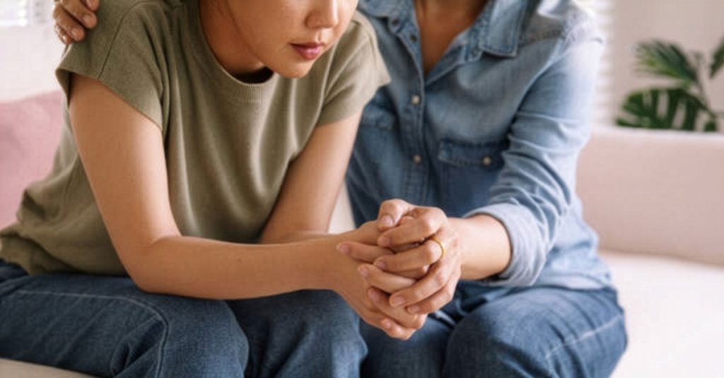 Compassionate caregiver holding the hands of a woman receiving home care, symbolizing emotional support and the importance of mental health for seniors and individuals with chronic conditions.