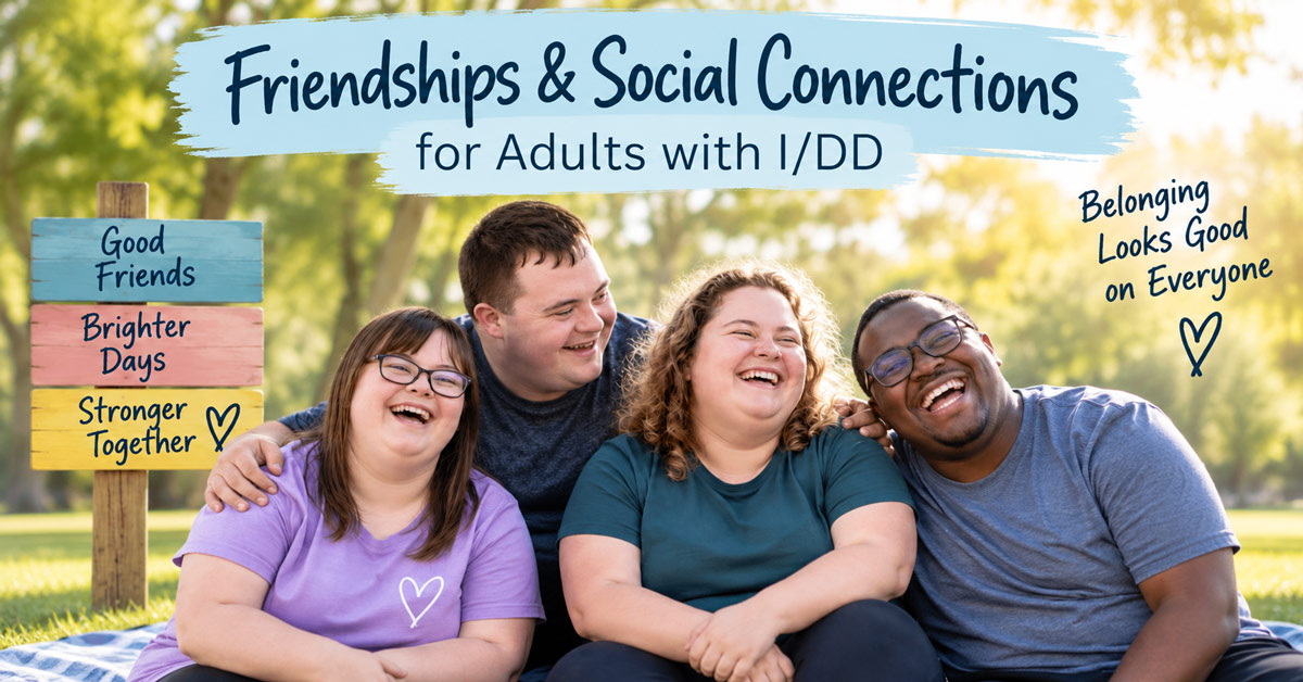 Four diverse adults with intellectual and developmental disabilities sitting together outdoors on a picnic blanket, smiling and leaning against one another happily.
