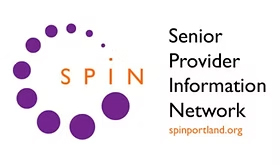 Logo for Senior Provider Information Network featuring orange text reading SPIN inside a swirling arc of purple dots, with the full organization name and website spinportland.org written on the right.