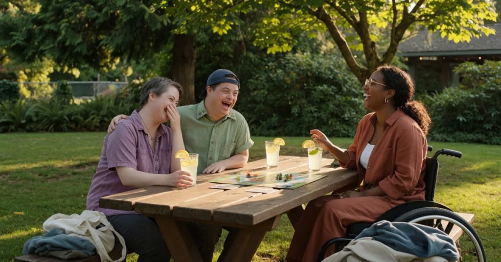 Three diverse friends sitting around a wooden picnic table outdoors in a grassy yard, laughing together while playing a board game and enjoying iced drinks with lemon slices.